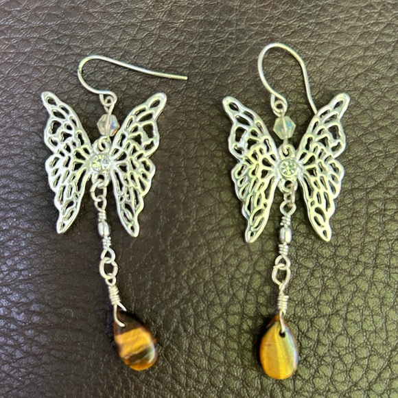 Costume silver butterfly vintage pendant earrings with stone - Picture 1 of 3